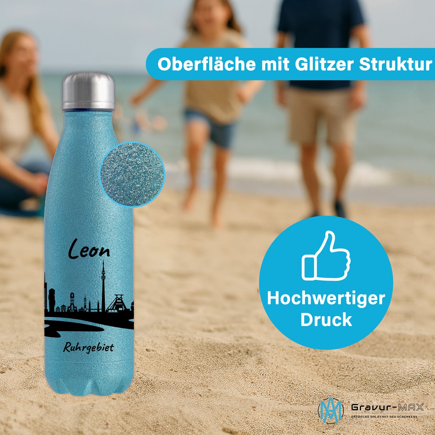 Glitzer Trinkflasche in Blau 500ml aus Edelstahl bedruckt mit der Skyline von Ruhrgebiet personalisierbar mit Wunschname