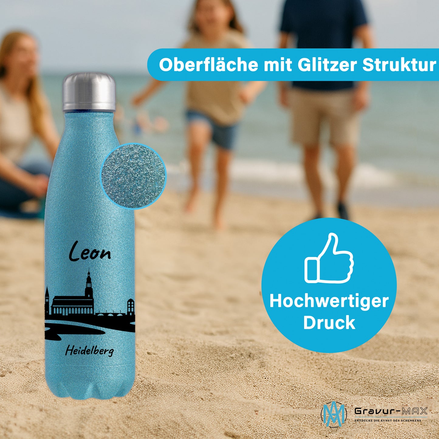 Glitzer Trinkflasche in Blau 500ml aus Edelstahl bedruckt mit der Skyline von Heidelberg personalisierbar mit Wunschname