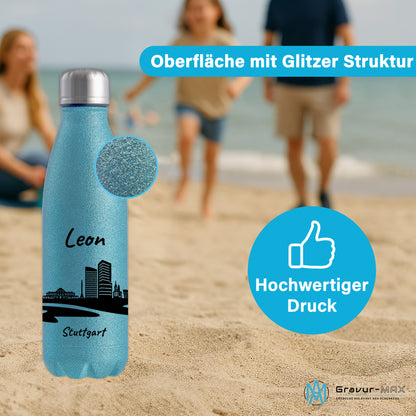 Glitzer Trinkflasche in Blau 500ml aus Edelstahl bedruckt mit der Skyline von Stuttgart personalisierbar mit Wunschname