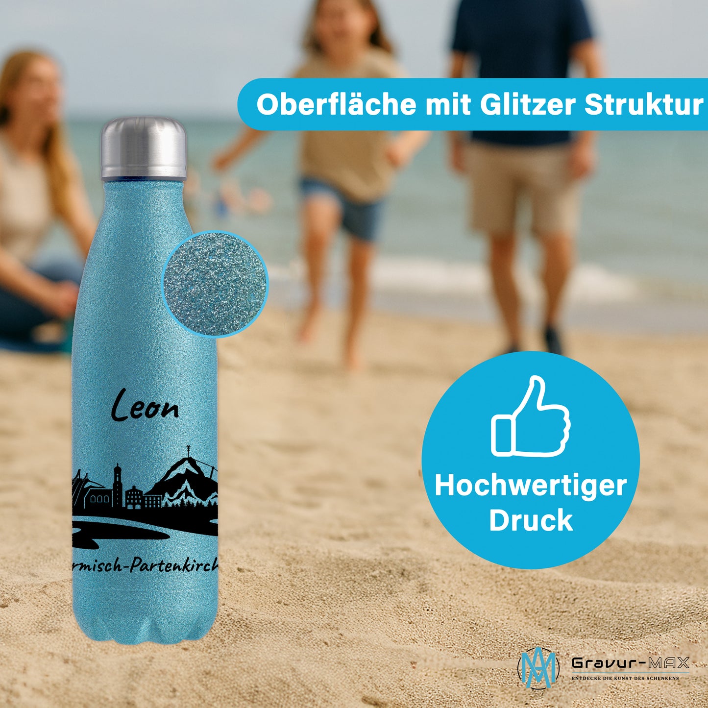 Glitzer Trinkflasche in Blau 500ml aus Edelstahl bedruckt mit der Skyline von Garmisch-Partenkirchen personalisierbar mit Wunschname