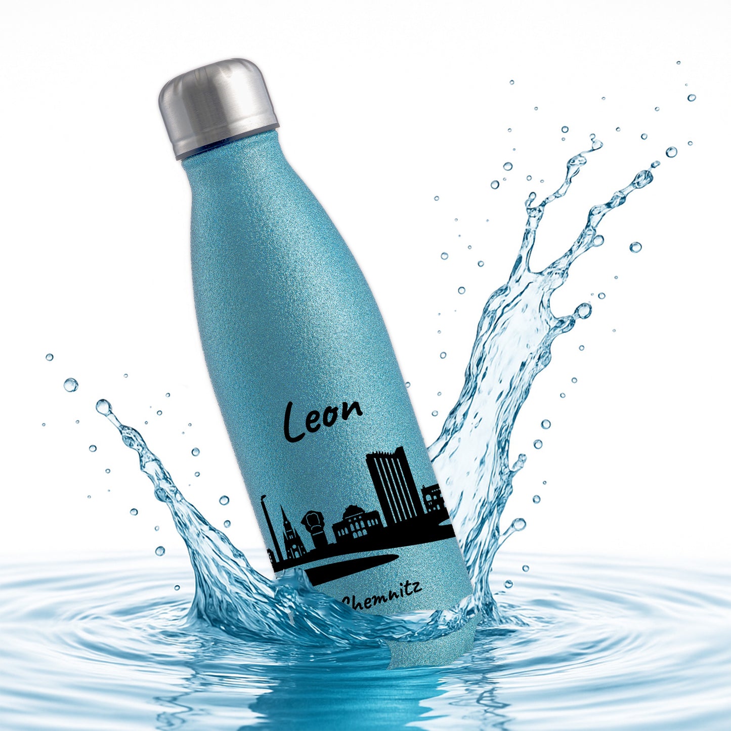 Glitzer Trinkflasche in Blau 500ml aus Edelstahl bedruckt mit der Skyline von Chemnitz personalisierbar mit Wunschname