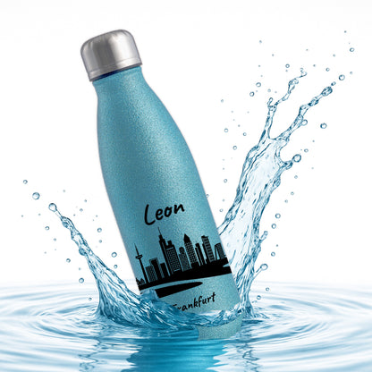 Glitzer Trinkflasche in Blau 500ml aus Edelstahl bedruckt mit der Skyline von Frankfurt personalisierbar mit Wunschname