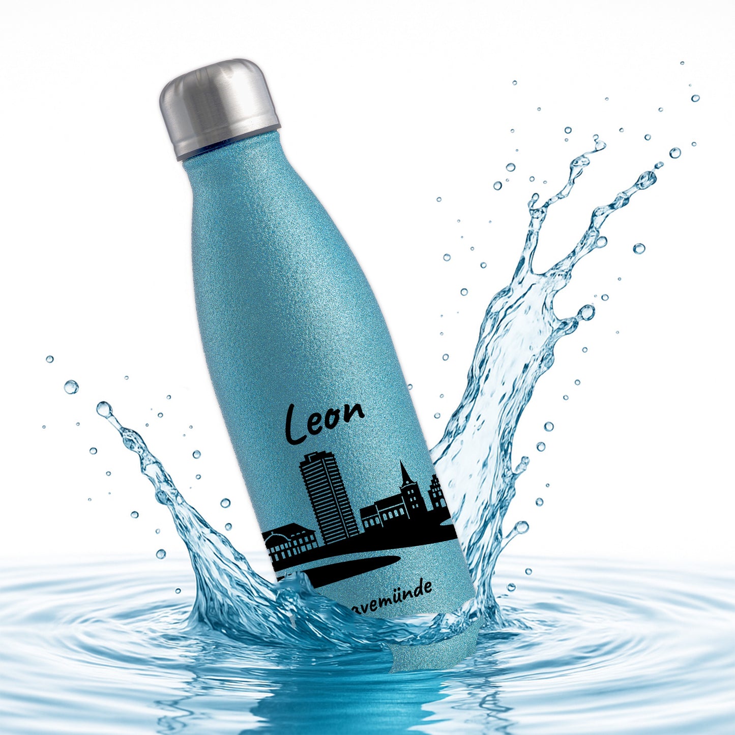 Glitzer Trinkflasche in Blau 500ml aus Edelstahl bedruckt mit der Skyline von Travemünde personalisierbar mit Wunschname