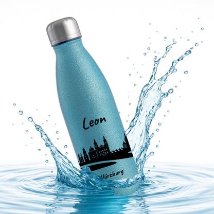 Glitzer Trinkflasche in Blau 500ml aus Edelstahl bedruckt mit der Skyline von Würzburg personalisierbar mit Wunschname