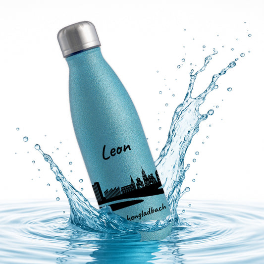 Glitzer Trinkflasche in Blau 500ml aus Edelstahl bedruckt mit der Skyline von Mönchengladbach personalisierbar mit Wunschname