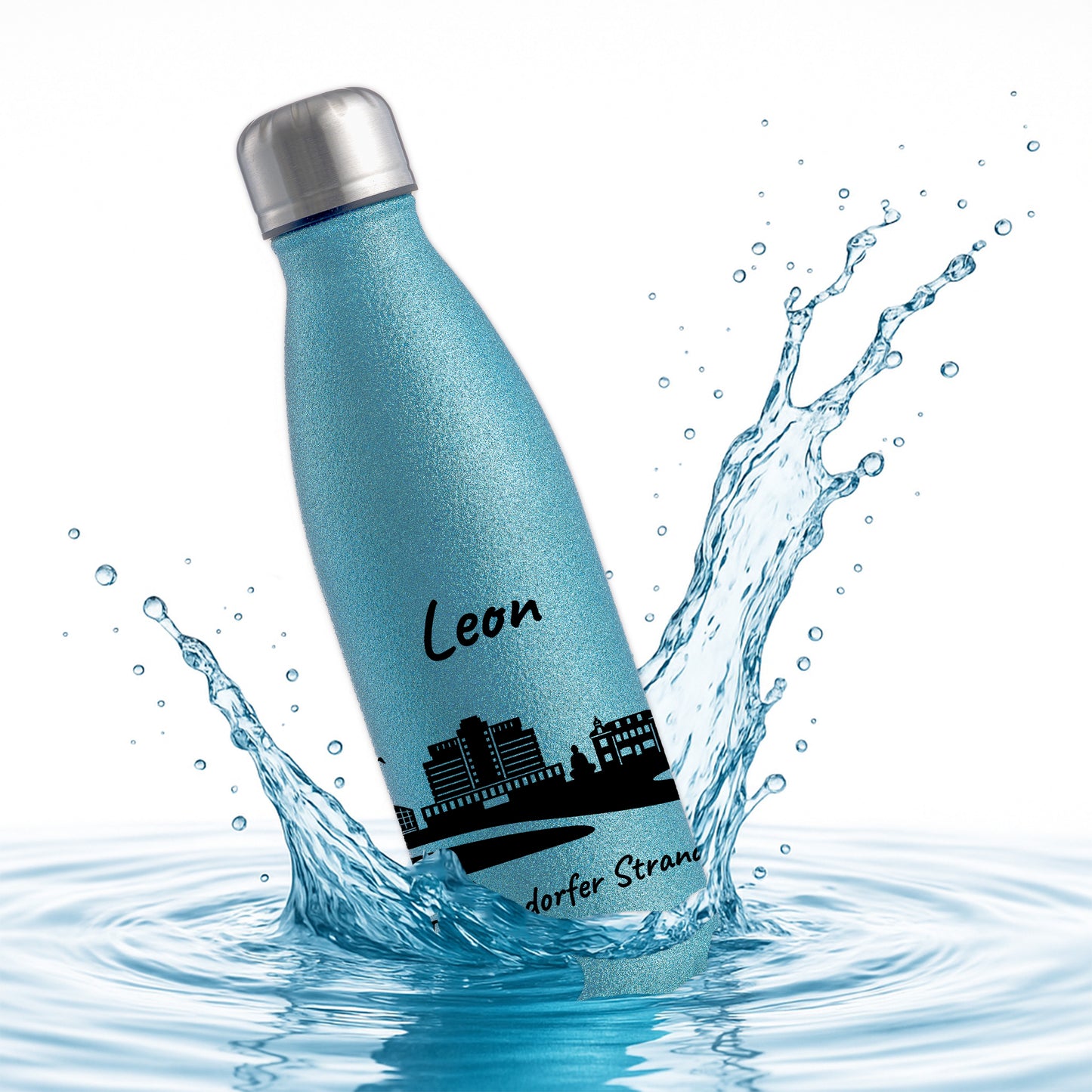 Glitzer Trinkflasche in Blau 500ml aus Edelstahl bedruckt mit der Skyline von Timmendorfer Strand personalisierbar mit Wunschname