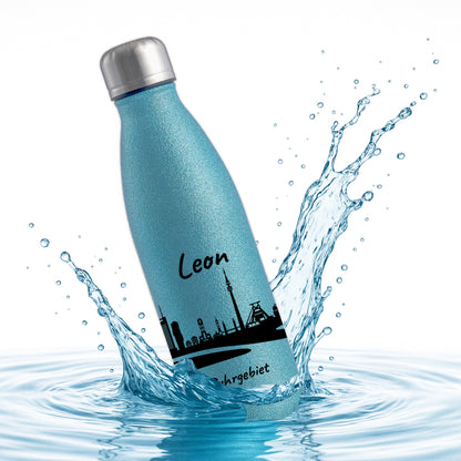 Glitzer Trinkflasche in Blau 500ml aus Edelstahl bedruckt mit der Skyline von Ruhrgebiet personalisierbar mit Wunschname