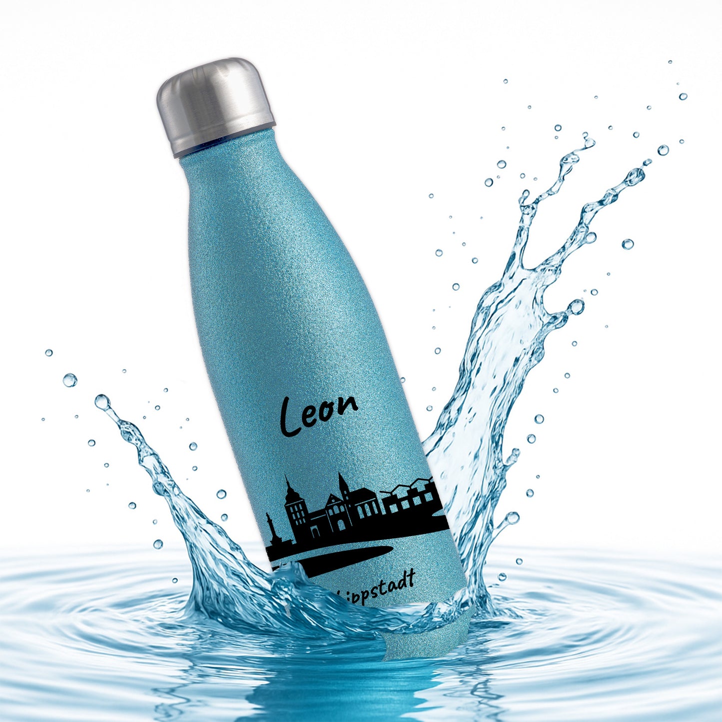 Glitzer Trinkflasche in Blau 500ml aus Edelstahl bedruckt mit der Skyline von Lippstadt personalisierbar mit Wunschname