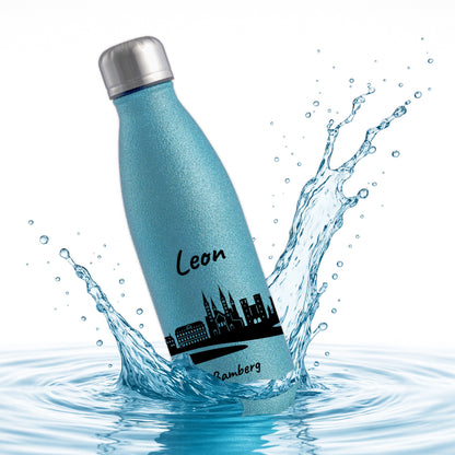 Glitzer Trinkflasche in Blau 500ml aus Edelstahl bedruckt mit der Skyline von Bamberg personalisierbar mit Wunschname