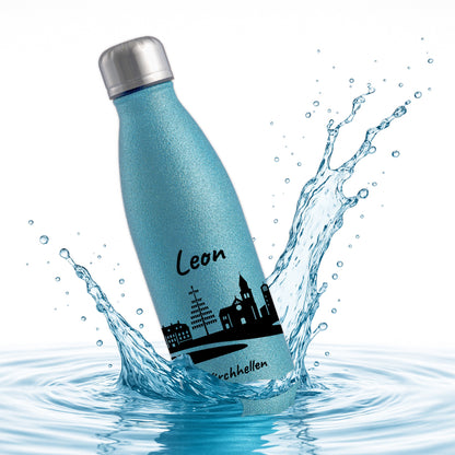 Glitzer Trinkflasche in Blau 500ml aus Edelstahl bedruckt mit der Skyline von Kirchhellen personalisierbar mit Wunschname