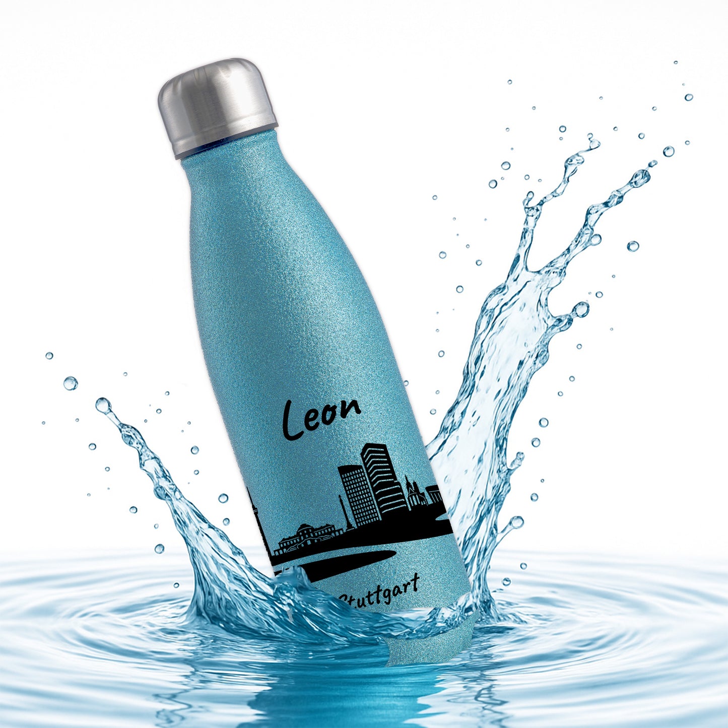 Glitzer Trinkflasche in Blau 500ml aus Edelstahl bedruckt mit der Skyline von Stuttgart personalisierbar mit Wunschname