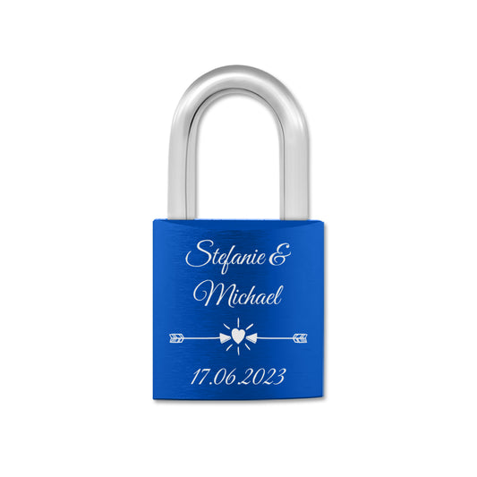 Liebesschloss in Blau mit Gravur "Pfeile mit Herz" personalisiert mit Wunschnamen in 6 ver. Farben