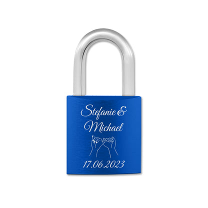 Liebesschloss in Blau mit Gravur "Hand in Hand" personalisiert mit Wunschnamen in 6 ver. Farben