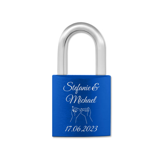 Liebesschloss in Blau mit Gravur "Hand in Hand" personalisiert mit Wunschnamen in 6 ver. Farben