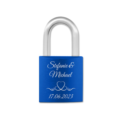 Liebesschloss in Blau mit Gravur "Vintage Herz" personalisiert mit Wunschnamen in 6 ver. Farben