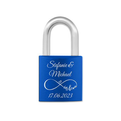 Liebesschloss in Blau mit Gravur "Unendlich in LOVE" personalisiert mit Wunschnamen in 6 ver. Farben