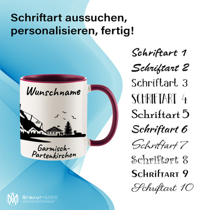 Tasse in Bordeauxrot 330ml bedruckt mit der Skyline von Garmisch-Partenkirchen personalisierbar mit Wunschname