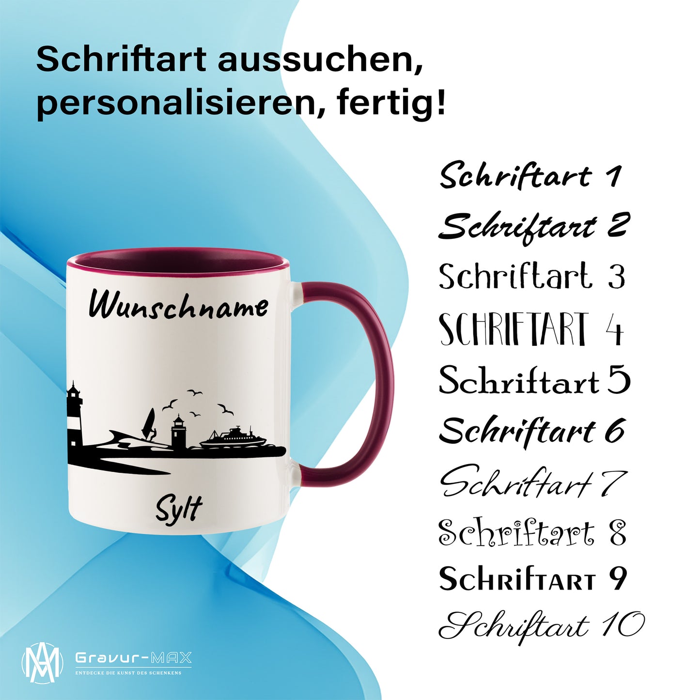 Tasse in Bordeauxrot 330ml bedruckt mit der Skyline von Sylt personalisierbar mit Wunschname