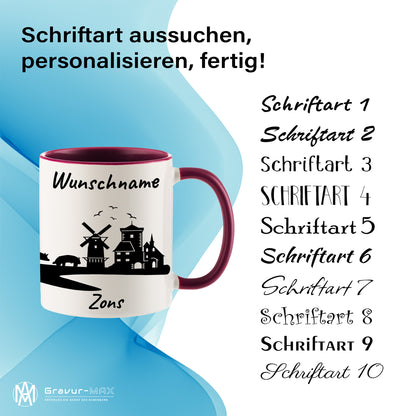 Tasse in Bordeauxrot 330ml bedruckt mit der Skyline von Zons (Dormagen) personalisierbar mit Wunschname