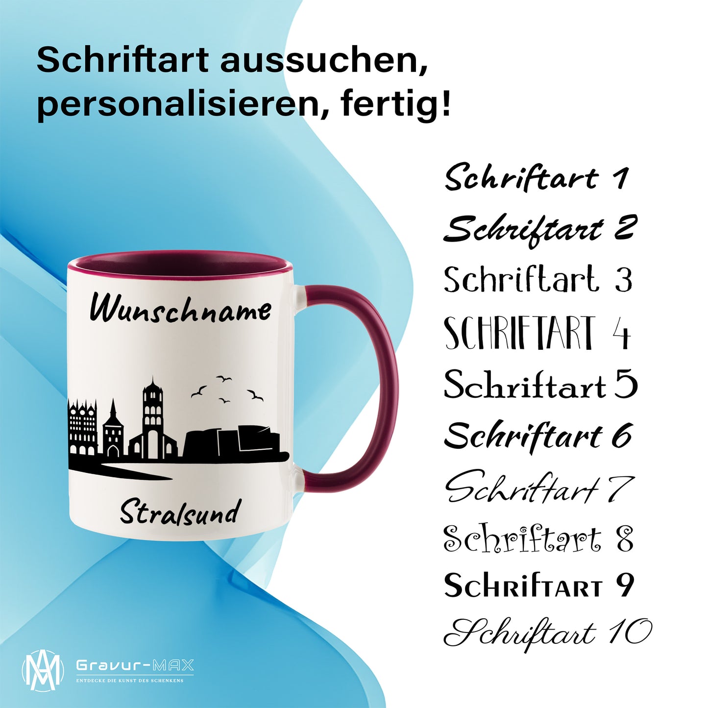 Tasse in Bordeauxrot 330ml bedruckt mit der Skyline von Stralsund personalisierbar mit Wunschname