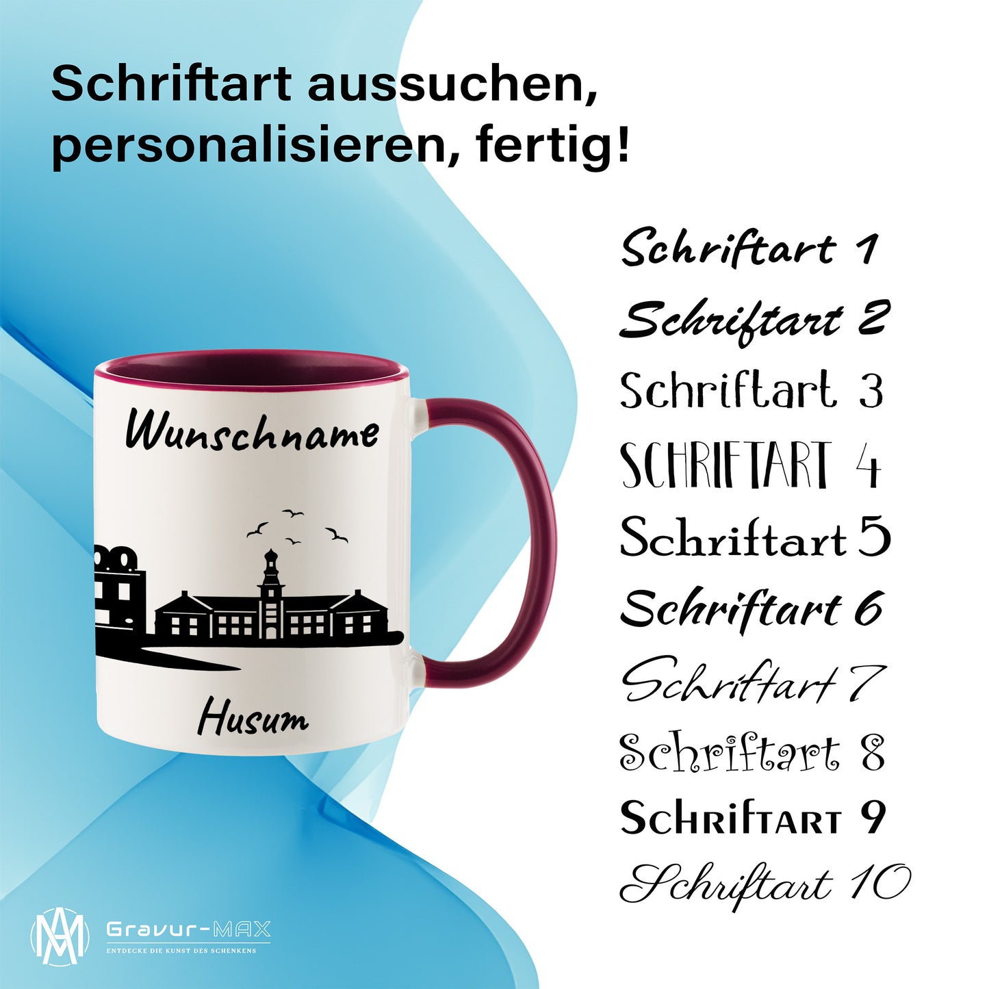 Tasse in Bordeauxrot 330ml bedruckt mit der Skyline von Husum personalisierbar mit Wunschname