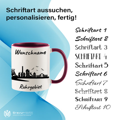 Tasse in Bordeauxrot 330ml bedruckt mit der Skyline von Ruhrgebiet personalisierbar mit Wunschname