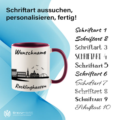 Tasse in Bordeauxrot 330ml bedruckt mit der Skyline von Recklinghausen personalisierbar mit Wunschname