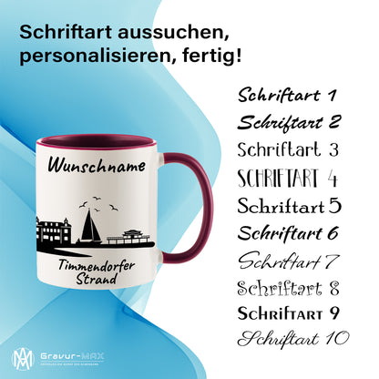 Tasse in Bordeauxrot 330ml bedruckt mit der Skyline von Timmendorfer Strand personalisierbar mit Wunschname
