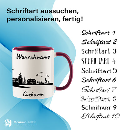 Tasse in Bordeauxrot 330ml bedruckt mit der Skyline von Cuxhaven personalisierbar mit Wunschname