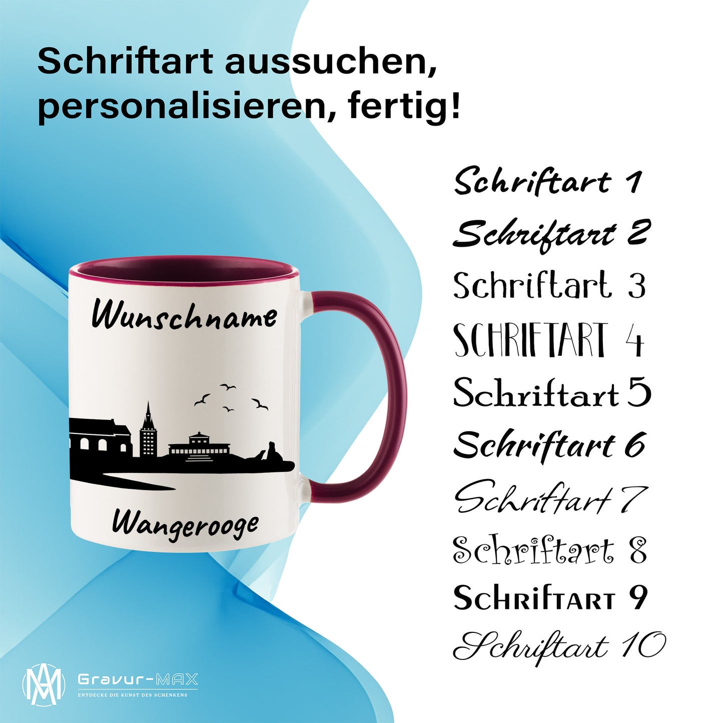 Tasse in Bordeauxrot 330ml bedruckt mit der Skyline von Wangerooge personalisierbar mit Wunschname