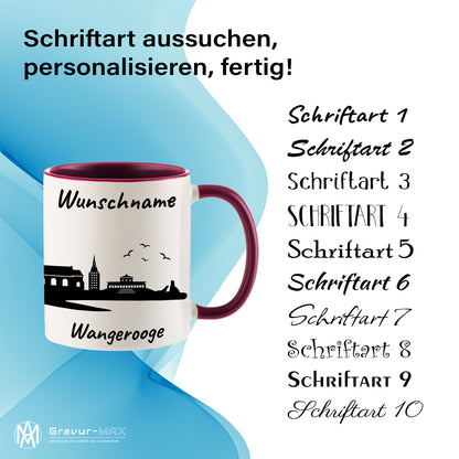 Tasse in Bordeauxrot 330ml bedruckt mit der Skyline von Wangerooge personalisierbar mit Wunschname