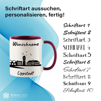 Tasse in Bordeauxrot 330ml bedruckt mit der Skyline von Lippstadt personalisierbar mit Wunschname