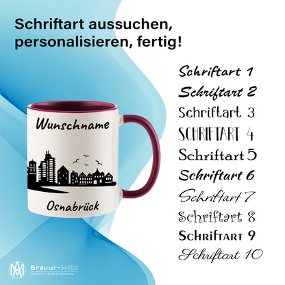 Tasse in Bordeauxrot 330ml bedruckt mit der Skyline von Osnabrück personalisierbar mit Wunschname