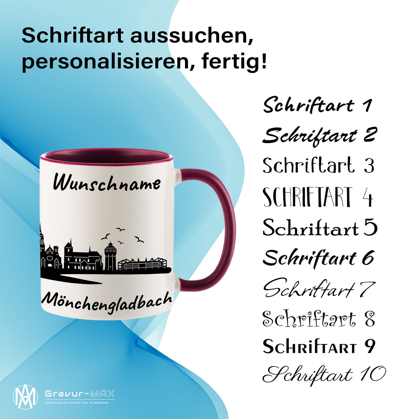Tasse in Bordeauxrot 330ml bedruckt mit der Skyline von Mönchengladbach personalisierbar mit Wunschname