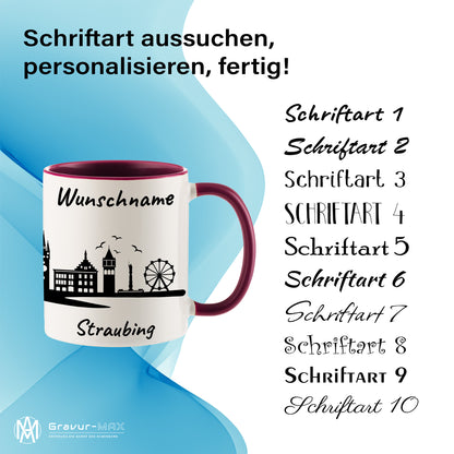 Tasse in Bordeauxrot 330ml bedruckt mit der Skyline von Straubing personalisierbar mit Wunschname