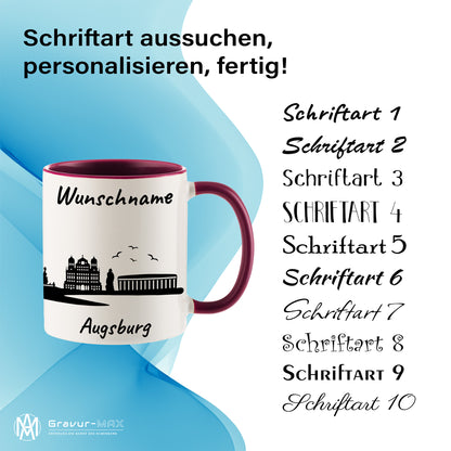 Tasse in Bordeauxrot 330ml bedruckt mit der Skyline von Augsburg personalisierbar mit Wunschname