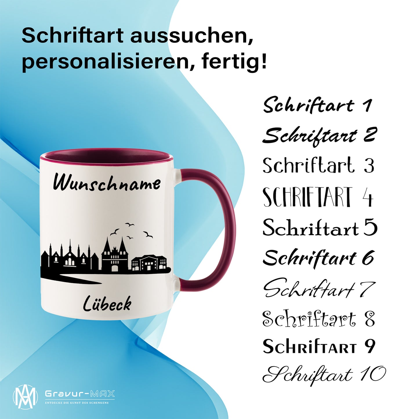 Tasse in Bordeauxrot 330ml bedruckt mit der Skyline von Lübeck personalisierbar mit Wunschname