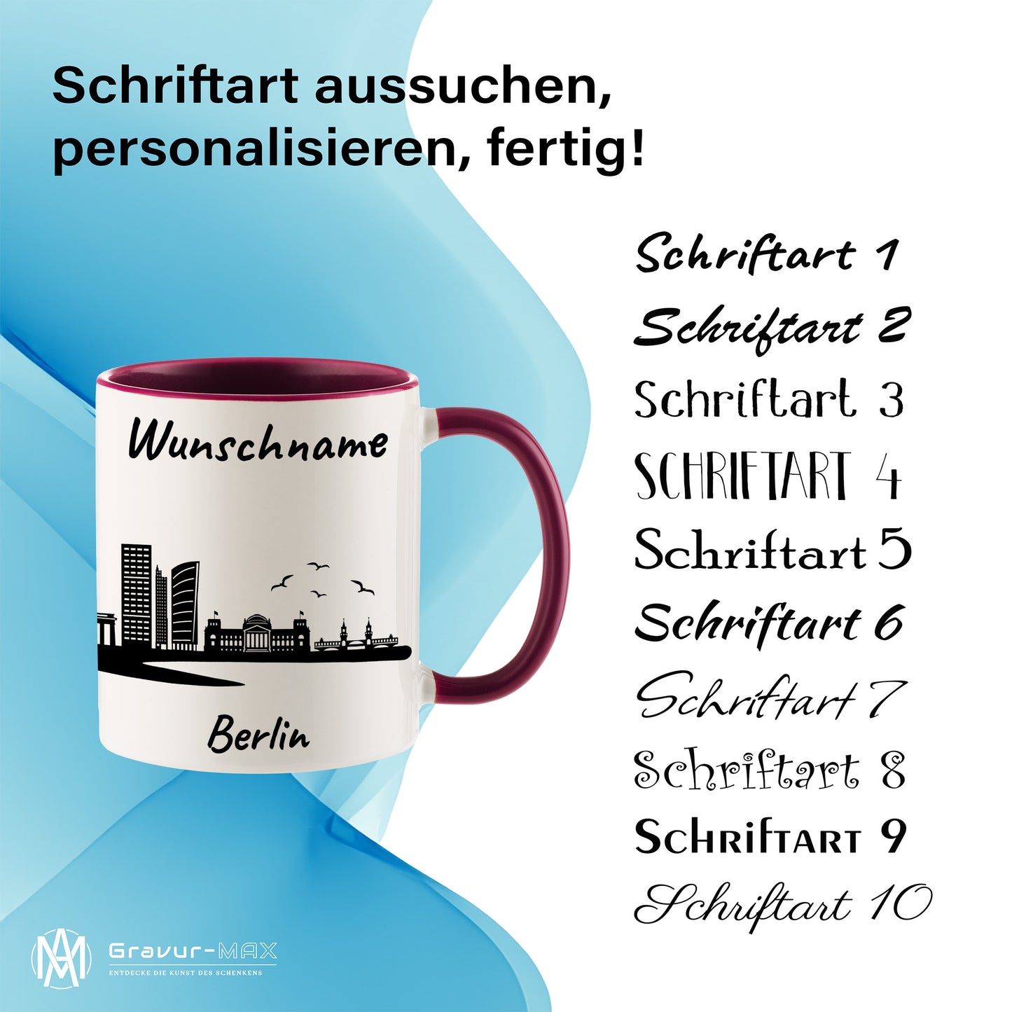 Tasse in Bordeauxrot 330ml bedruckt mit der Skyline von Berlin personalisierbar mit Wunschname