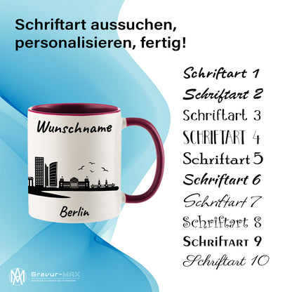 Tasse in Bordeauxrot 330ml bedruckt mit der Skyline von Berlin personalisierbar mit Wunschname