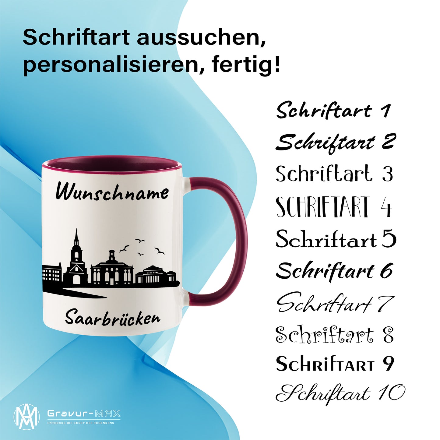 Tasse in Bordeauxrot 330ml bedruckt mit der Skyline von Saarbrücken personalisierbar mit Wunschname