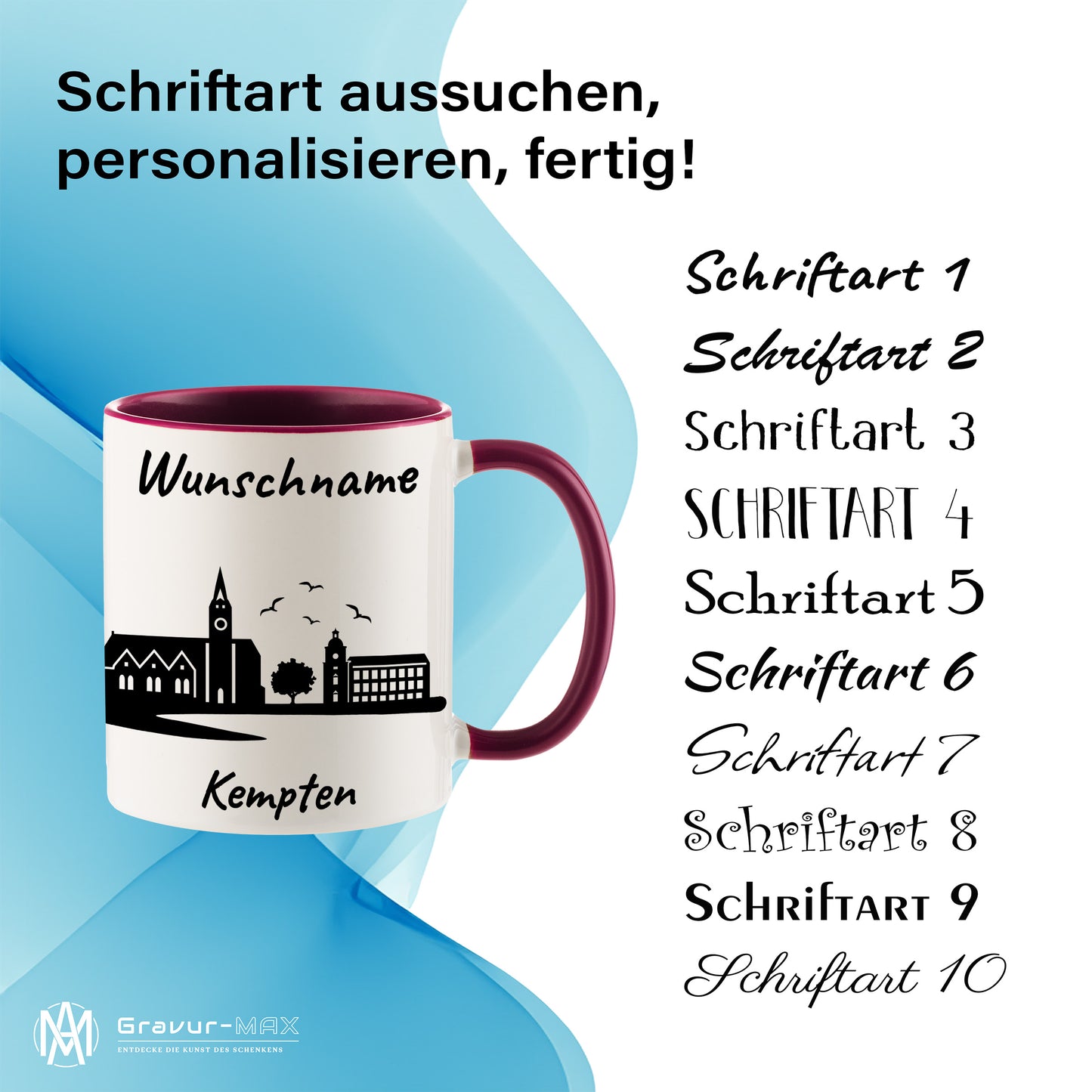 Tasse in Bordeauxrot 330ml bedruckt mit der Skyline von Kempten personalisierbar mit Wunschname