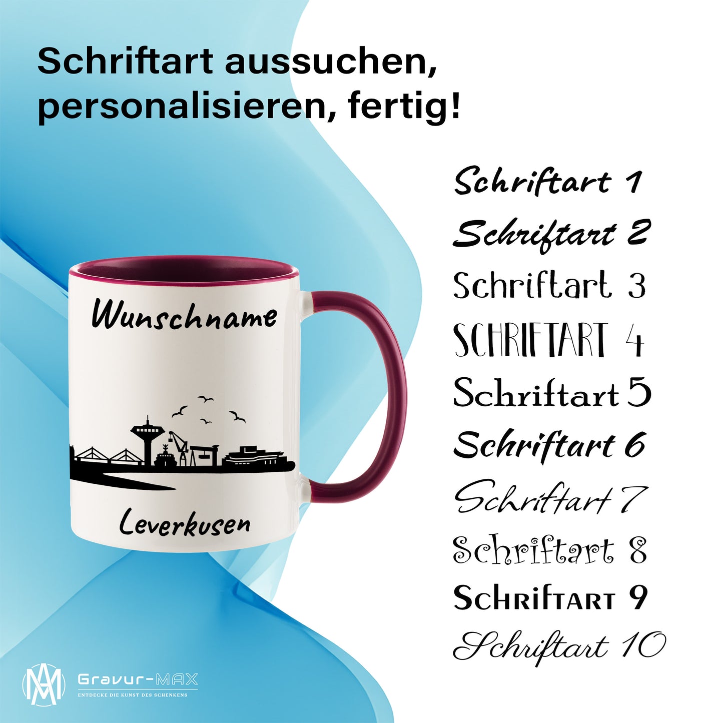 Tasse in Bordeauxrot 330ml bedruckt mit der Skyline von Leverkusen personalisierbar mit Wunschname