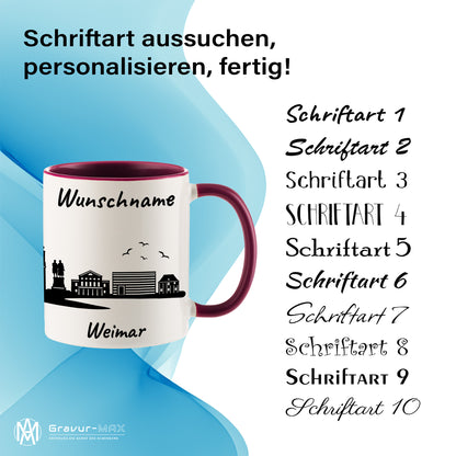 Tasse in Bordeauxrot 330ml bedruckt mit der Skyline von Weimar personalisierbar mit Wunschname