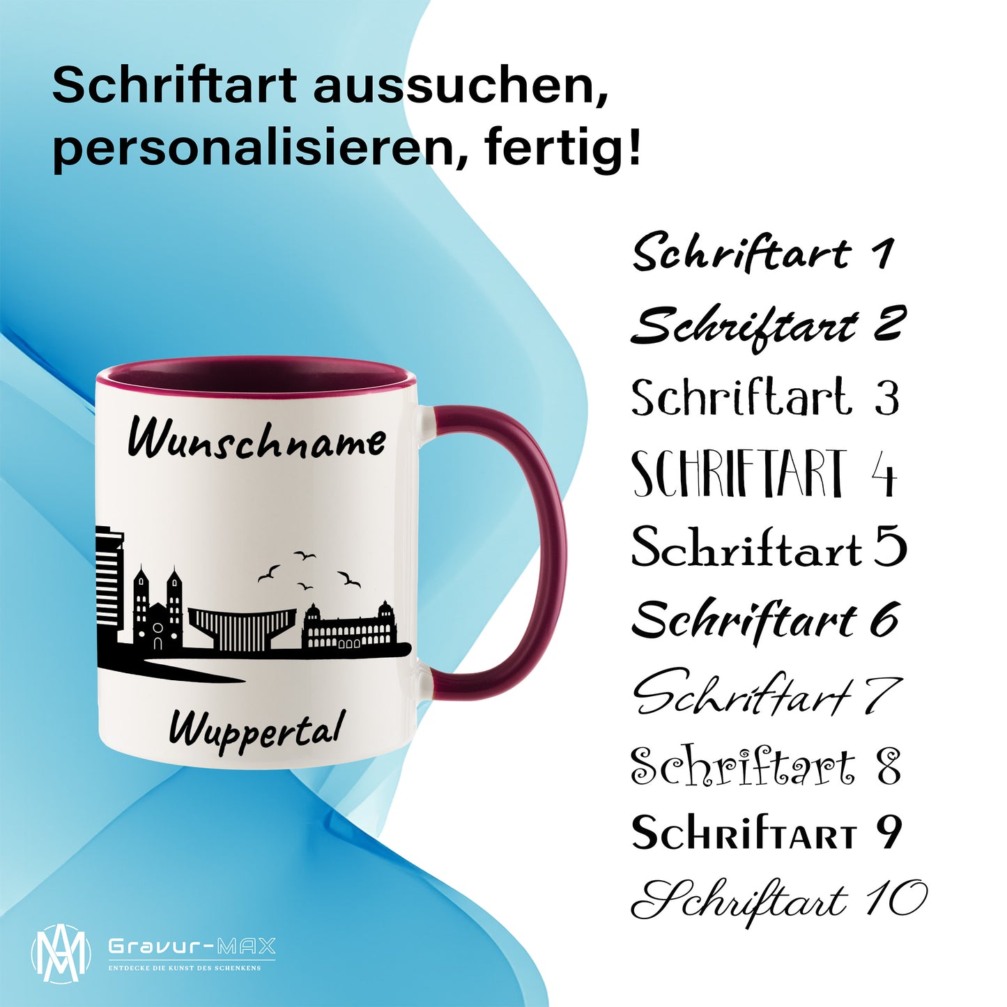 Tasse in Bordeauxrot 330ml bedruckt mit der Skyline von Wuppertal personalisierbar mit Wunschname