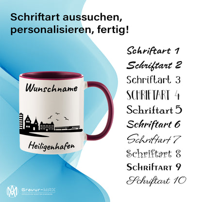 Tasse in Bordeauxrot 330ml bedruckt mit der Skyline von Heiligenhafen personalisierbar mit Wunschname