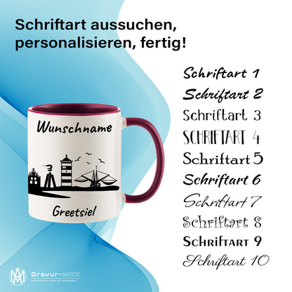 Tasse in Bordeauxrot 330ml bedruckt mit der Skyline von Greetsiel personalisierbar mit Wunschname
