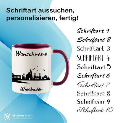 Tasse in Bordeauxrot 330ml bedruckt mit der Skyline von Wiesbaden personalisierbar mit Wunschname