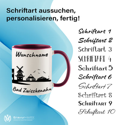 Tasse in Bordeauxrot 330ml bedruckt mit der Skyline von Bad Zwischenahn personalisierbar mit Wunschname