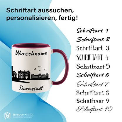 Tasse in Bordeauxrot 330ml bedruckt mit der Skyline von Darmstadt personalisierbar mit Wunschname