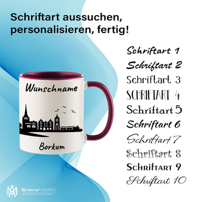Tasse in Bordeauxrot 330ml bedruckt mit der Skyline von Borkum personalisierbar mit Wunschname